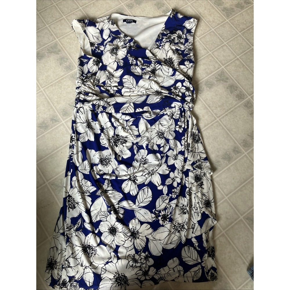 Blue Floral Retro Glam  Wrap Dress Stretchy Knit Ruffle Accent V neck Cap Slv XL